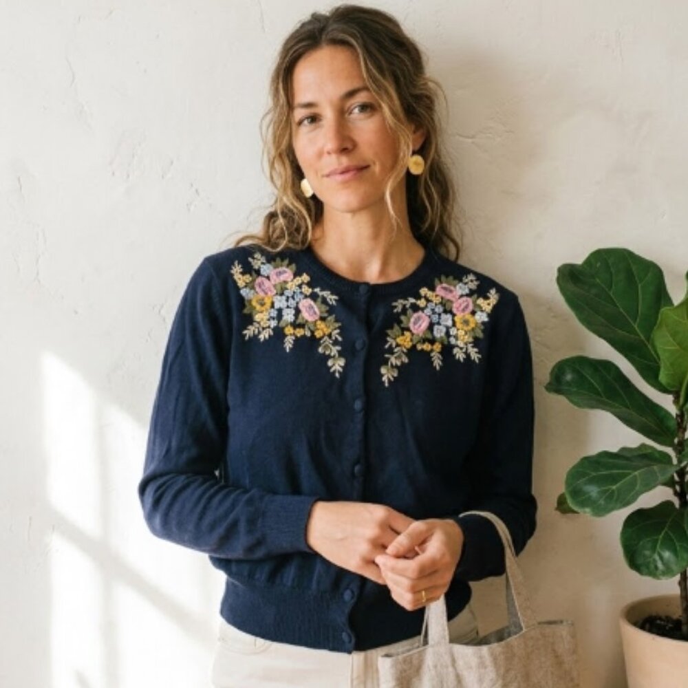 Vintage Floral Embroidered Cotton Cardigan Navy Cottagecore Sweater S/M